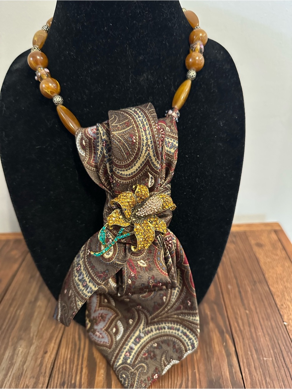 Paisley silk tie Necklace with Gold Floral Brooch